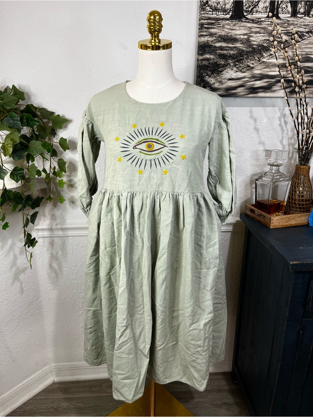 Women’s Sage Small Long-Sleeve Evil Eye Dress Linen & Cotton